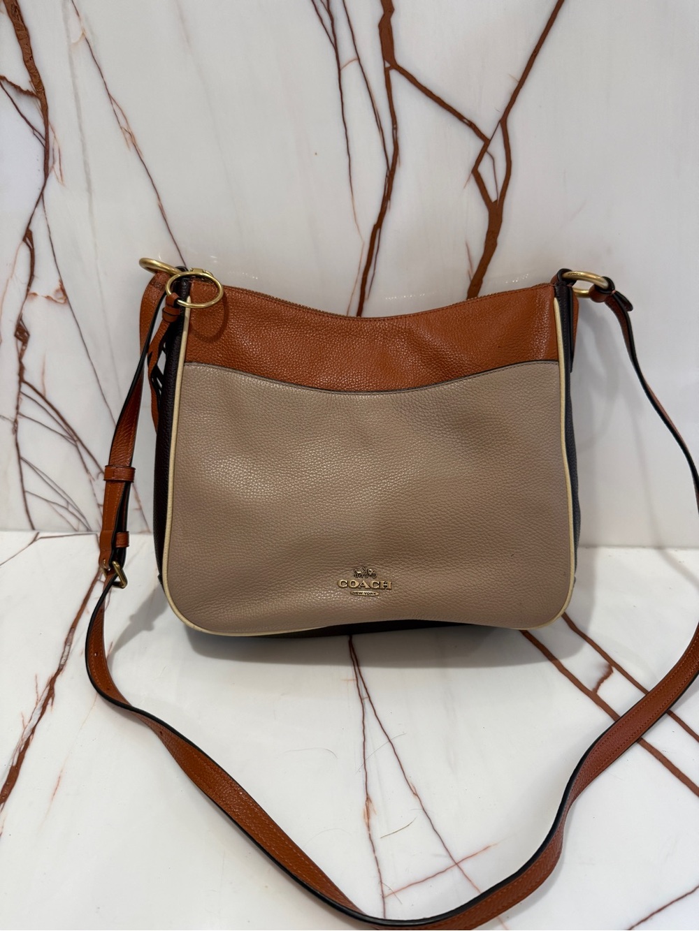Coach Two-Tone Pebble Leather Crossbody in Taupe and Chestnut